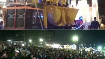 Pj Gubernur Sumut diwakili Sekretaris DPRD Sumut Utara Dr Zulkifli SIP MM bersama anggota DPRD Sumut Wagirin Arman selaku pemrakarsa kegiatan dan Forkopimda, Forkopimca saat pelepasan Festival Takbir Akbar dan Pawai Obor di di Lapangan Desa Klambir V Kebun, Kecamatan Hamparan Perak, Kabupaten Deli Serdang, Sumatera Utara, Minggu (16/06/24) malam.