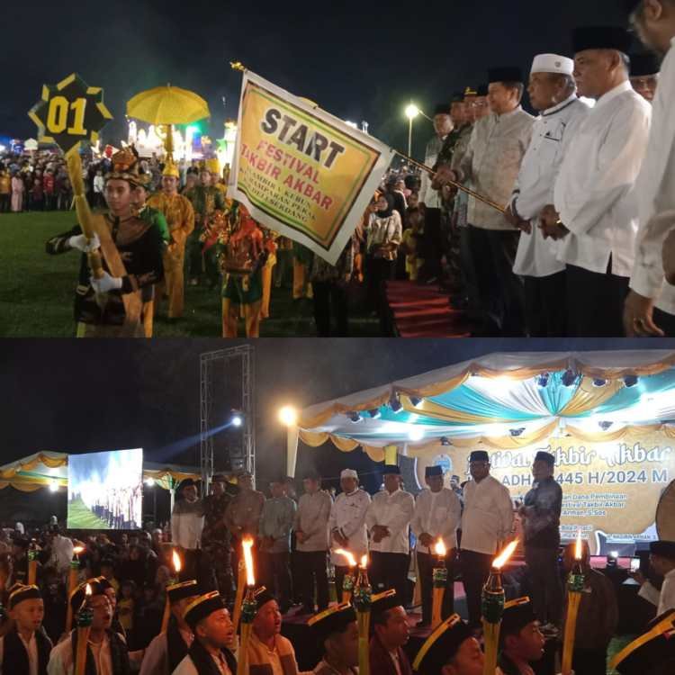 Pj Gubsu diwakili Sekretaris DPRD Sumut Dr Zulkifli SIP MM bersama anggota DPRD Sumut Wagirin Arman selaku pemrakarsa kegiatan dan Forkopimda, Forkopimca saat pembukaan Festival Takbir Akbar dan Pawai Obor di di Lapangan Desa Klambir V Kebun, Kecamatan Hamparan Perak, Kabupaten Deli Serdang, Sumatera Utara, Minggu (16/06/24) malam.