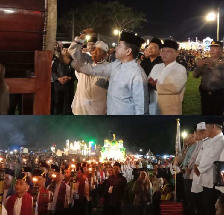 Pj Gubernur Sumut diwakili Sekretaris DPRD Sumut Utara Dr Zulkifli SIP MM bersama anggota DPRD Sumut Wagirin Arman selaku pemrakarsa kegiatan dan Forkopimda, Forkopimca saat pelepasan Festival Takbir Akbar dan Pawai Obor di di Lapangan Desa Klambir V Kebun, Kecamatan Hamparan Perak, Kabupaten Deli Serdang, Sumatera Utara, Minggu (16/06/24) malam.